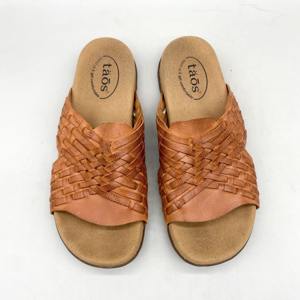 Taos Womens 8 Guru Woven Slide Sandals Tan Cognac Leather Braided Artisan Boho